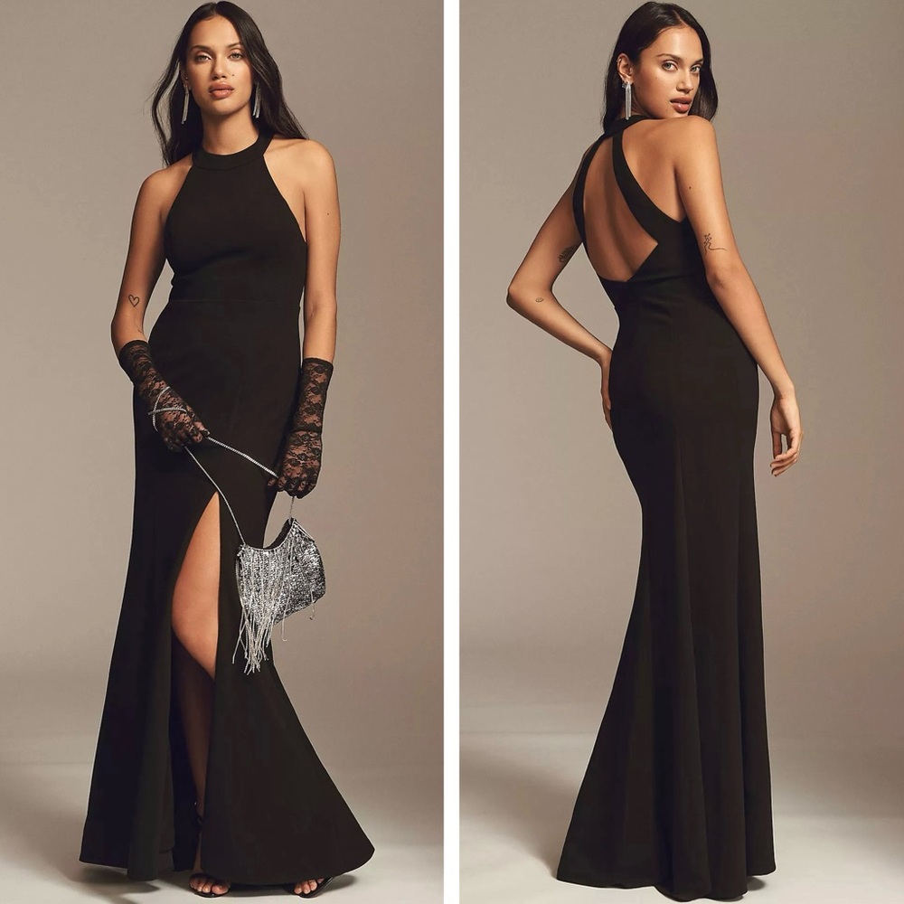 BHLDN Juliana High Neck Side Slit Stretch Crepe Maxi Dress NEW Size S Black